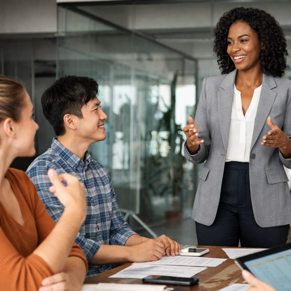Team members discussing benefits
